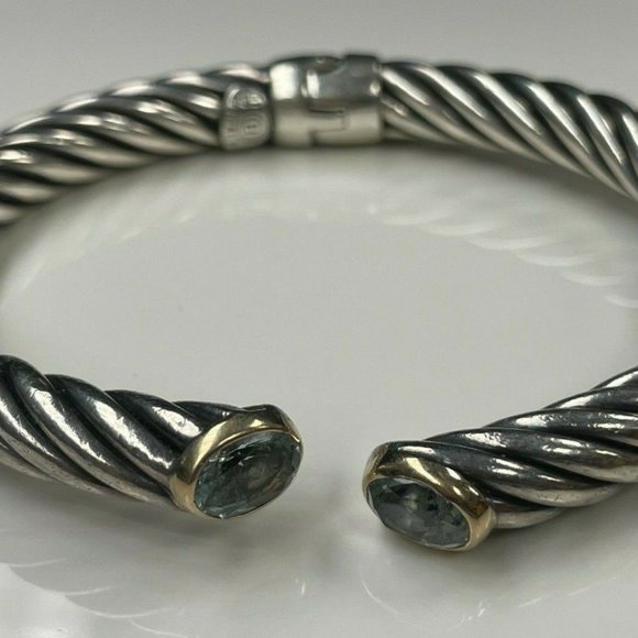 Burdick Co 925 Sterling 14K Yellow Gold Blue Stone Hinged Cuff Bracelet (R505)